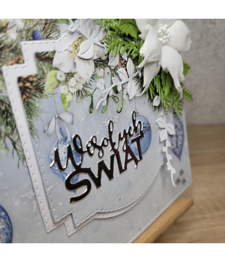 Niebieska kartka na Boże Narodzenie, Wesołych Świat, poinsecja, handmade