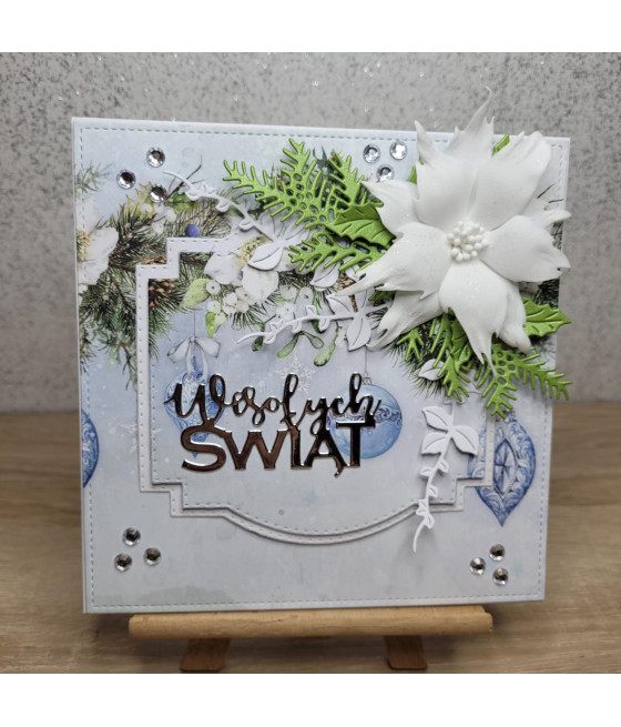 Niebieska kartka na Boże Narodzenie, Wesołych Świat, poinsecja, handmade