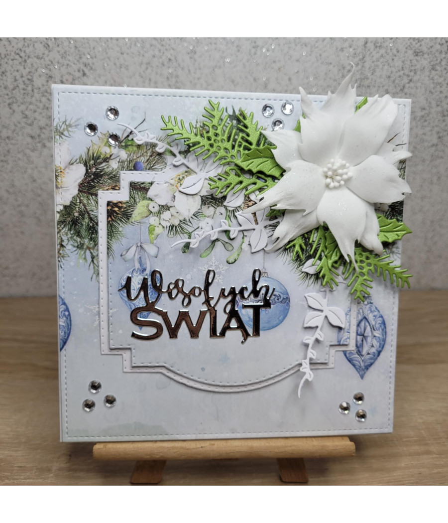 Niebieska kartka na Boże Narodzenie, Wesołych Świat, poinsecja, handmade