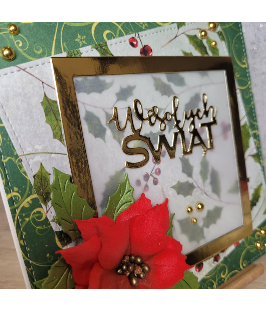 ZIelona kartka na Boże Narodzenie, złota ramka, Wesołych Świat, handmade