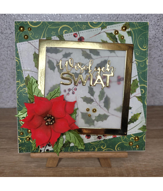 ZIelona kartka na Boże Narodzenie, złota ramka, Wesołych Świat, handmade