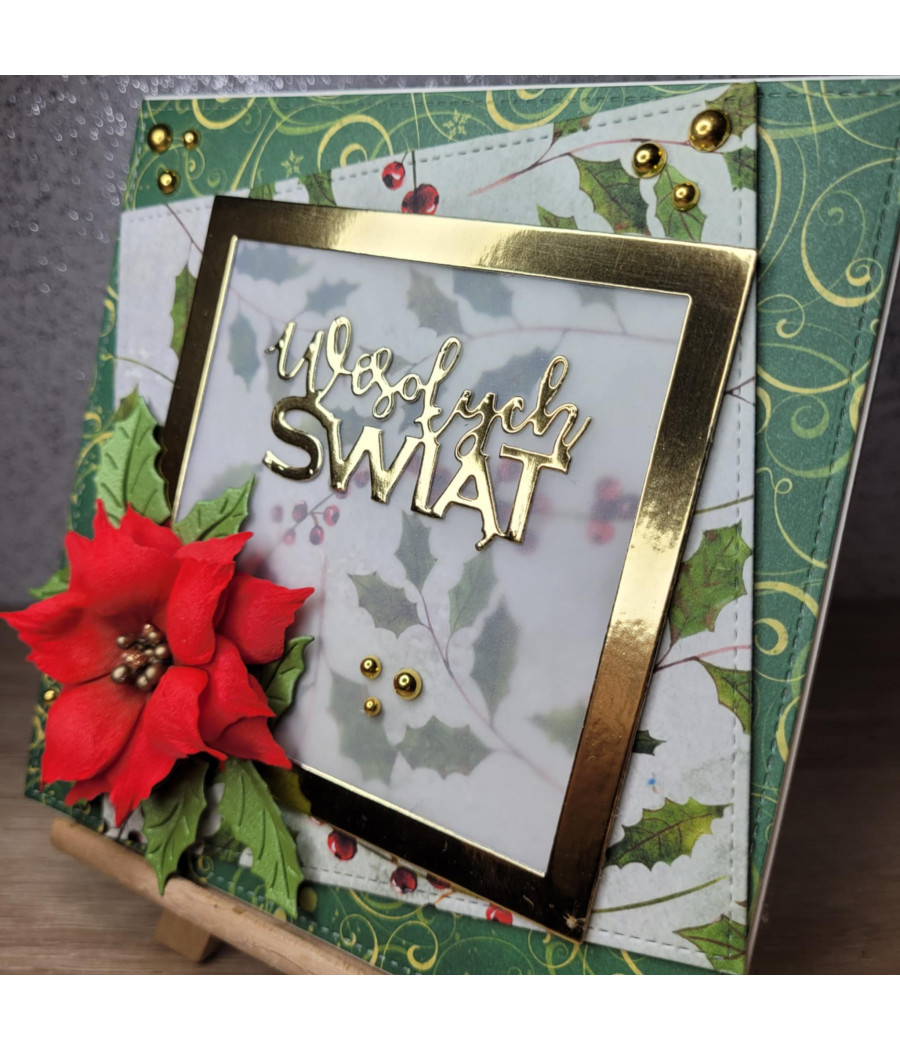 ZIelona kartka na Boże Narodzenie, złota ramka, Wesołych Świat, handmade