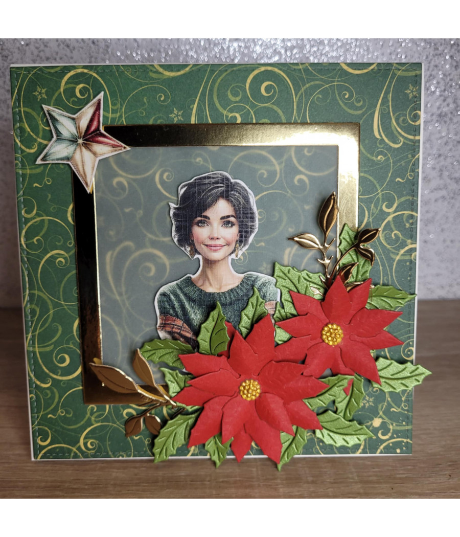 Zielona kartka na Boże Narodzenie, kwiaty, kobieta, handmade