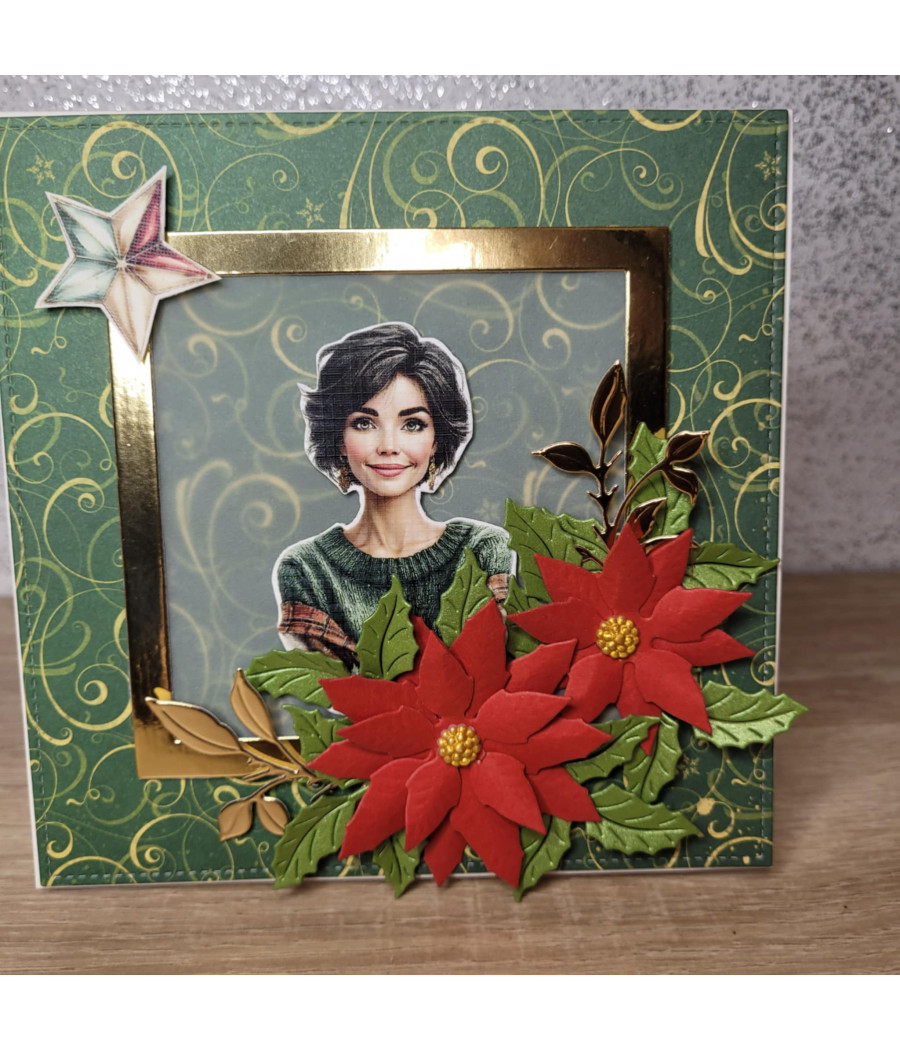 Zielona kartka na Boże Narodzenie, kwiaty, kobieta, handmade