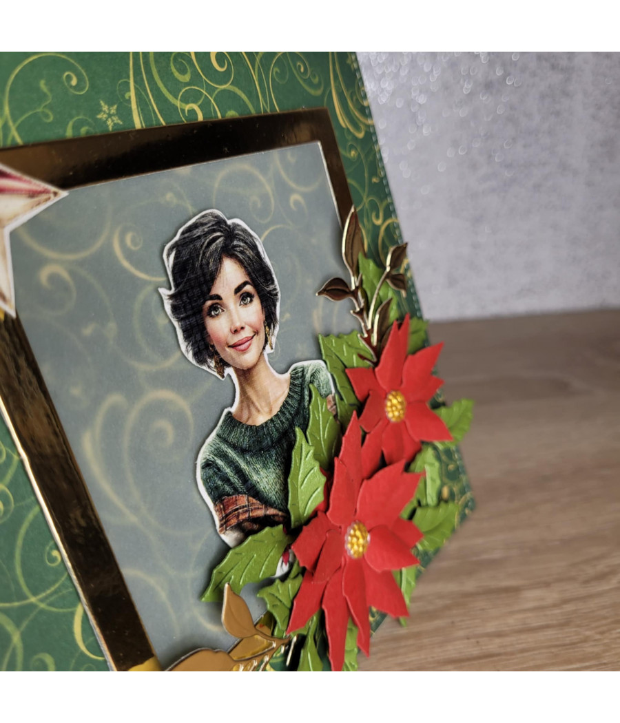 Zielona kartka na Boże Narodzenie, kwiaty, kobieta, handmade