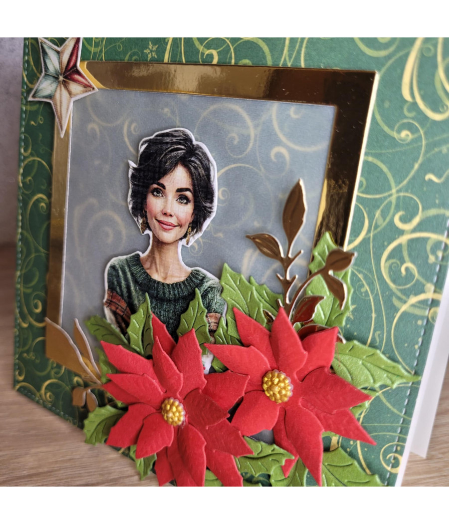 Zielona kartka na Boże Narodzenie, kwiaty, kobieta, handmade