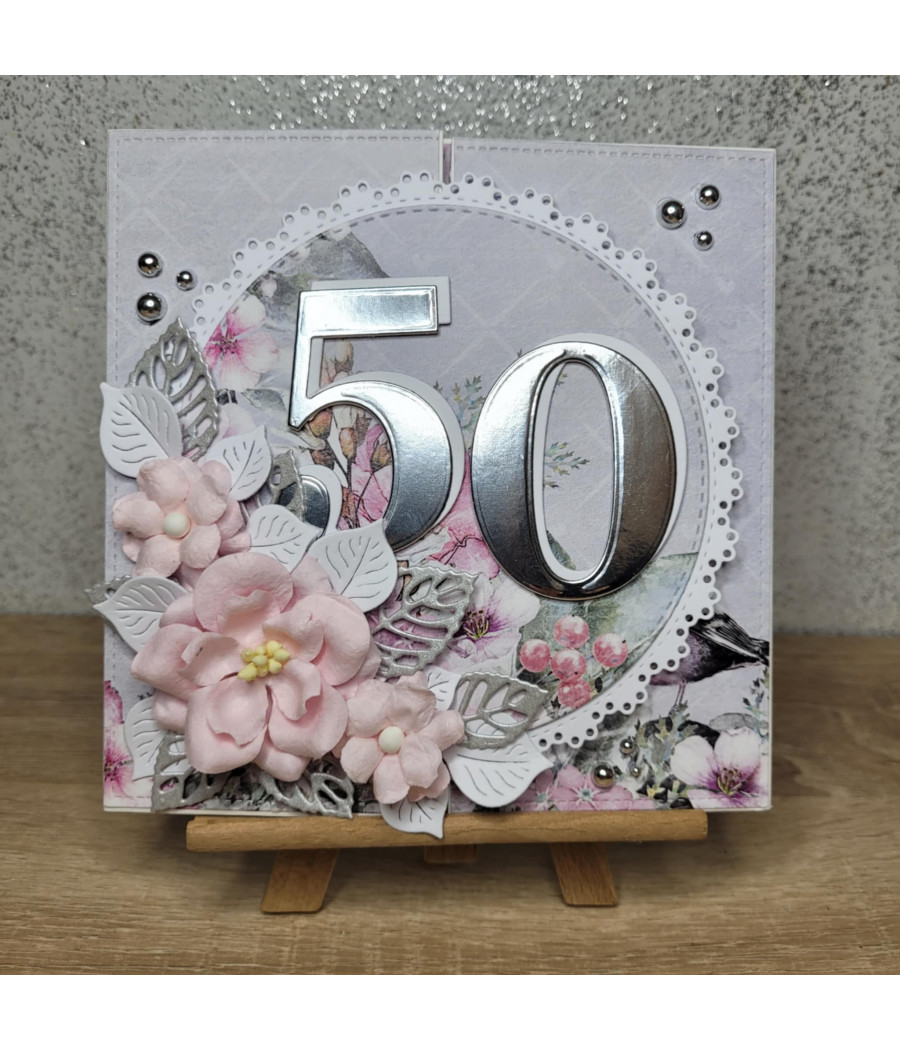Szaro-różowa, rozkładana kartka na 50 urodziny, handmade