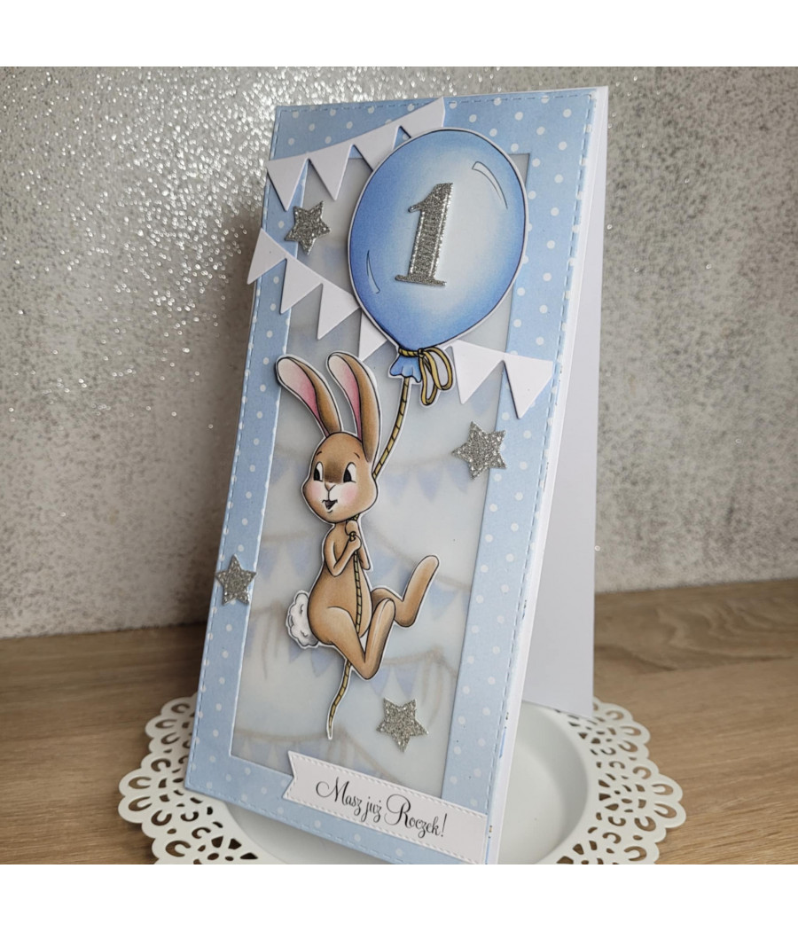 Błękitna kartka na roczek, balonik, zajączek, gwiazdki, handmade