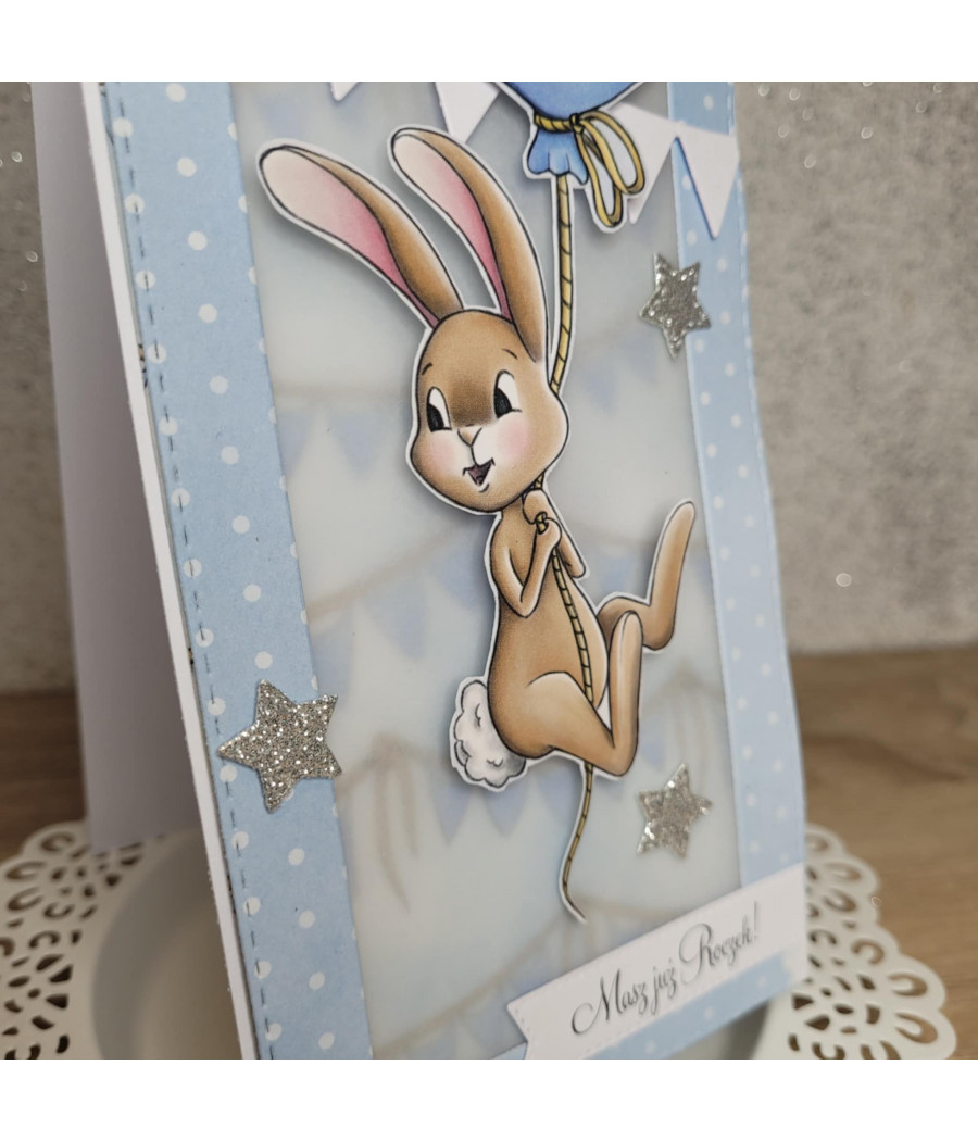 Błękitna kartka na roczek, balonik, zajączek, gwiazdki, handmade