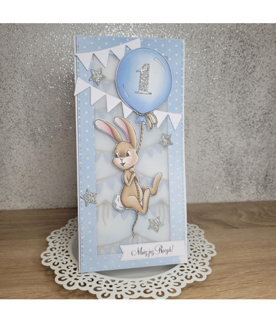 Błękitna kartka na roczek, balonik, zajączek, gwiazdki, handmade