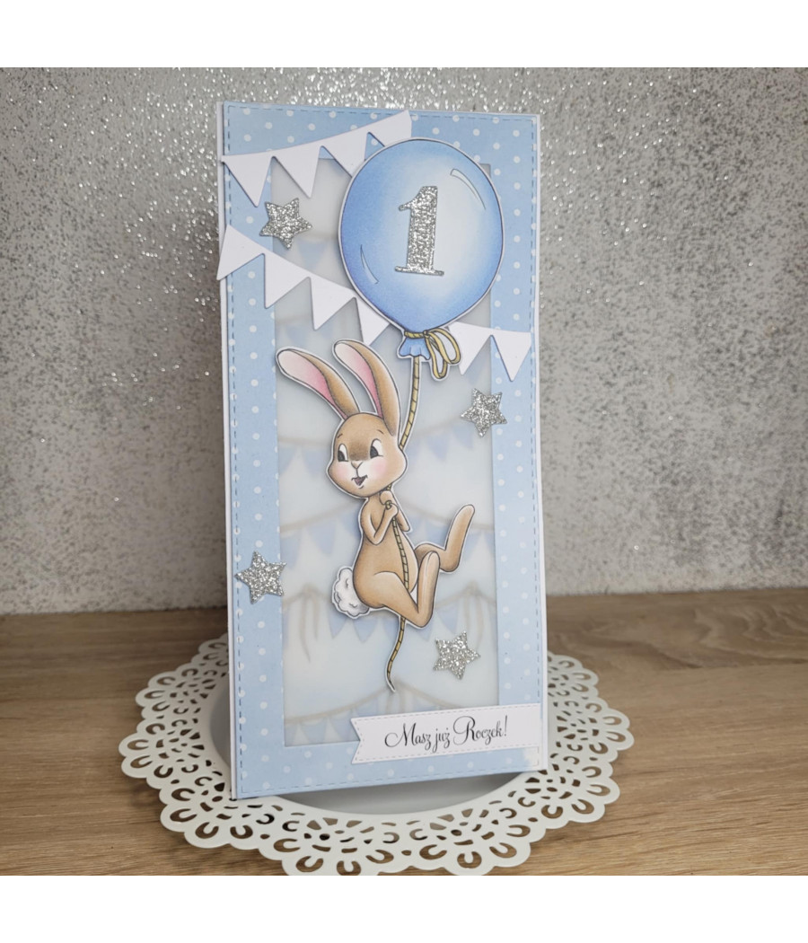 Błękitna kartka na roczek, balonik, zajączek, gwiazdki, handmade