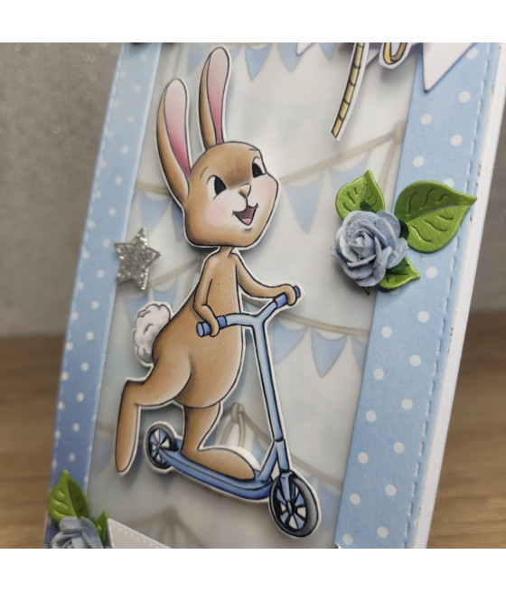 Niebieska kartka z zajączkiem, na urodziny, dowolna cyfra, handmade