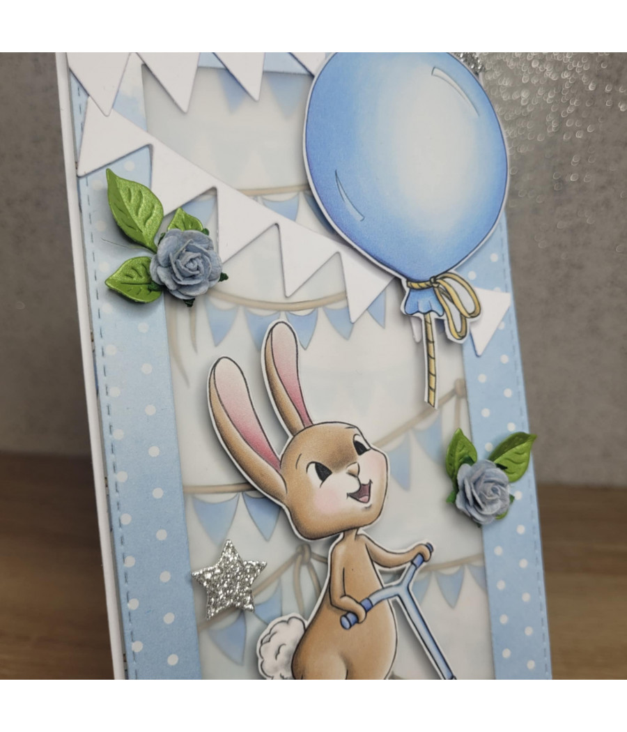 Niebieska kartka z zajączkiem, na urodziny, dowolna cyfra, handmade