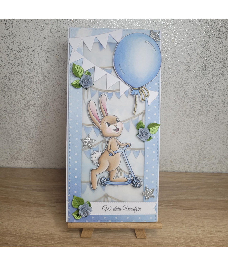 Niebieska kartka z zajączkiem, na urodziny, dowolna cyfra, handmade