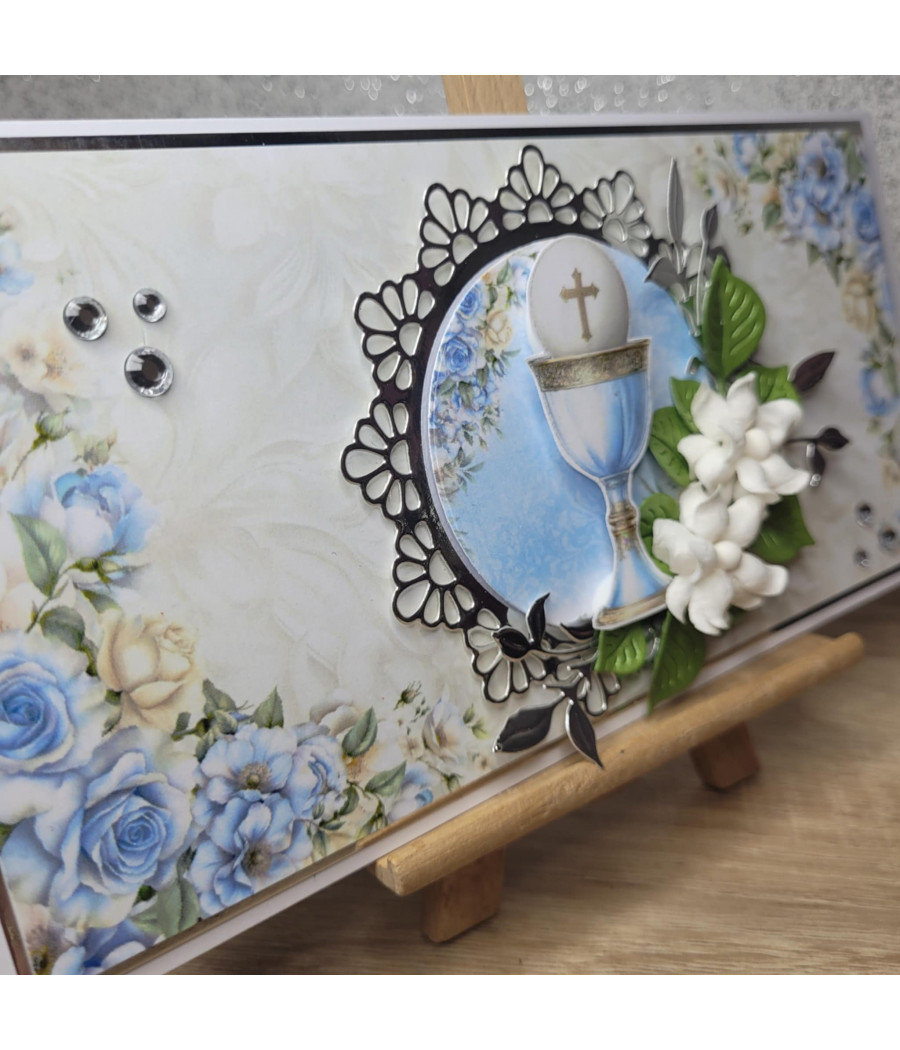 Niebieska kartka na Komunię, kielich, hostia, handmade