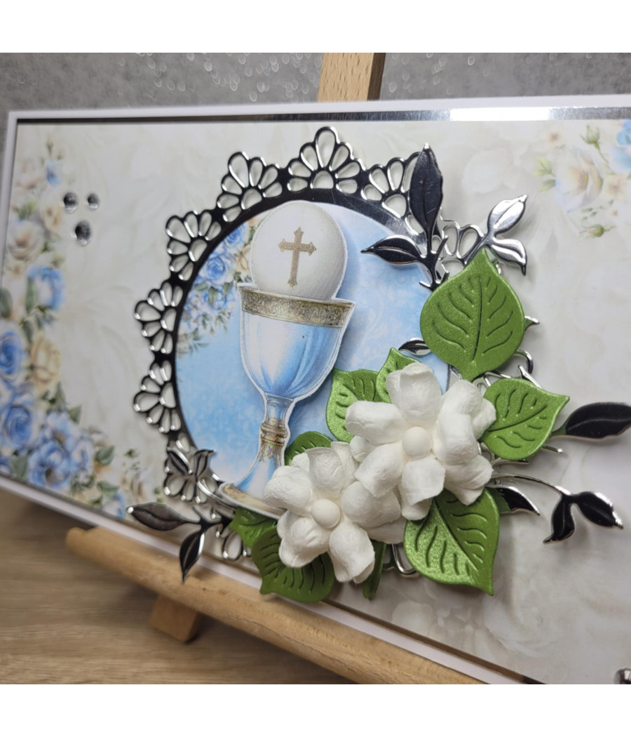 Niebieska kartka na Komunię, kielich, hostia, handmade