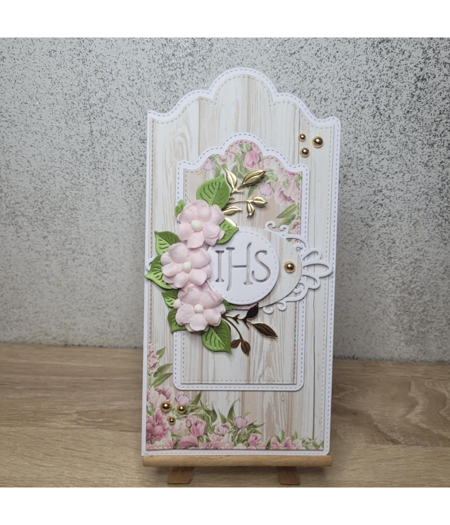 Różowa kartka na Komunię, IHS, kwiaty, handmade