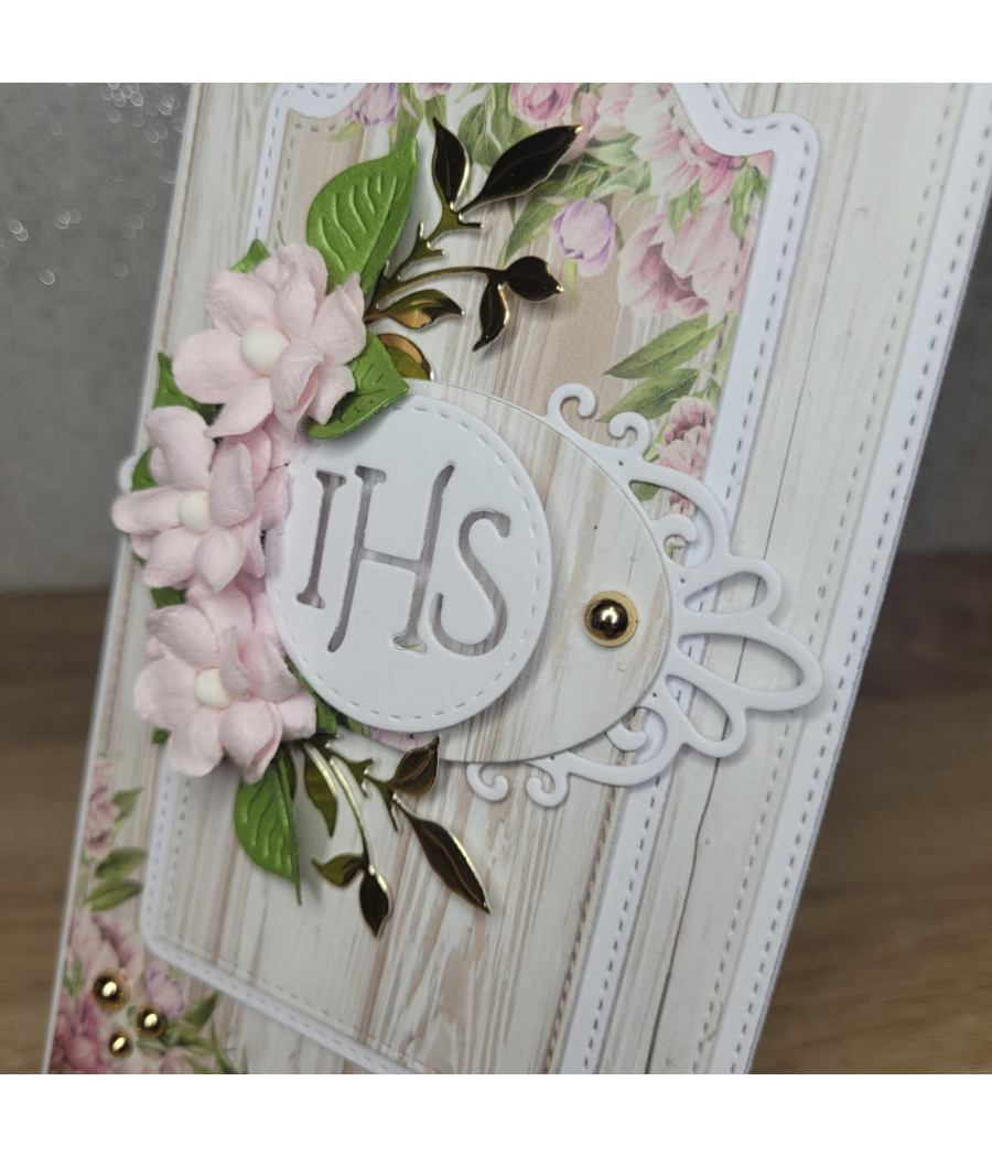 Różowa kartka na Komunię, IHS, kwiaty, handmade