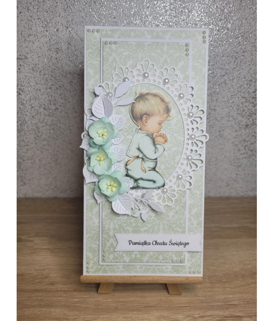 Miętowa kartka na  Chrzest, chłopiec, handmade