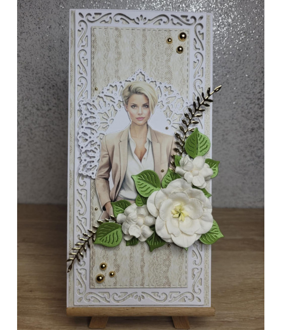 Beżowa, koronkowa kartka na urodziny, kobieta, handmade