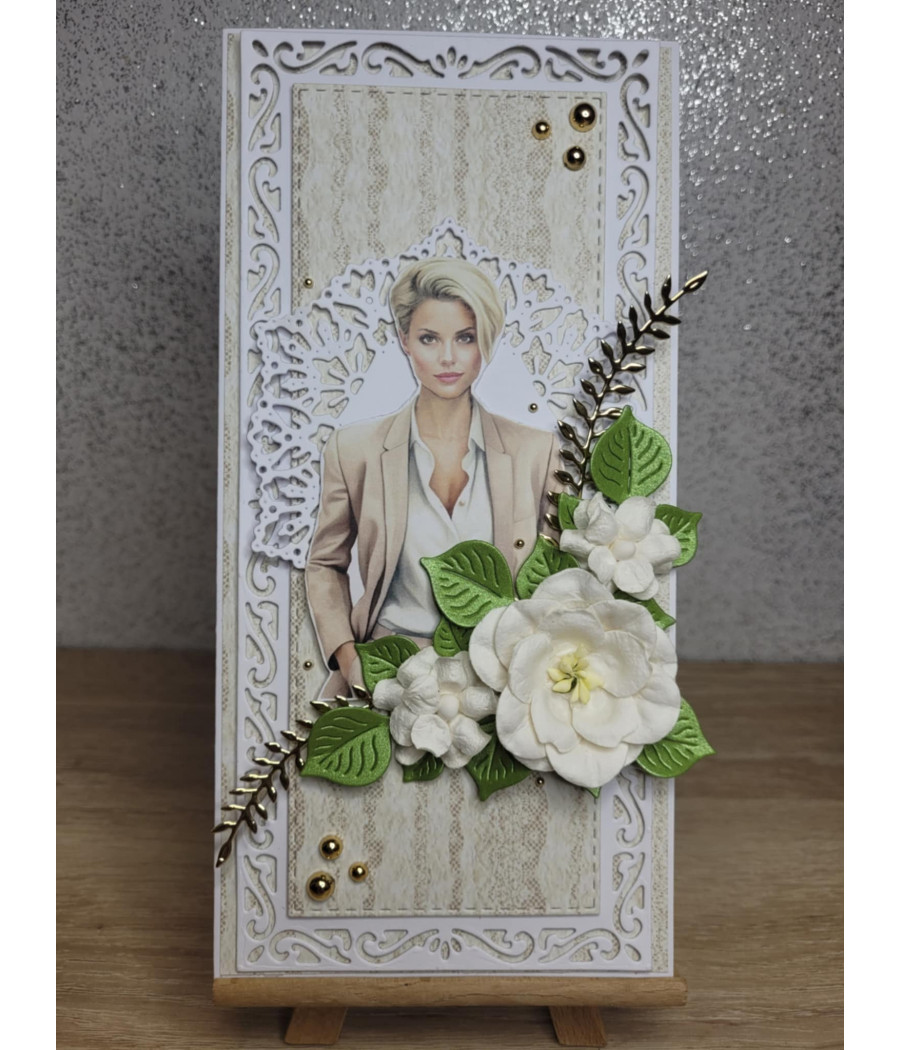 Beżowa, koronkowa kartka na urodziny, kobieta, handmade