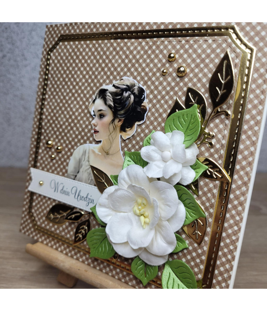 Brązowo-złota kartka na urodziny, kobieta, handmade