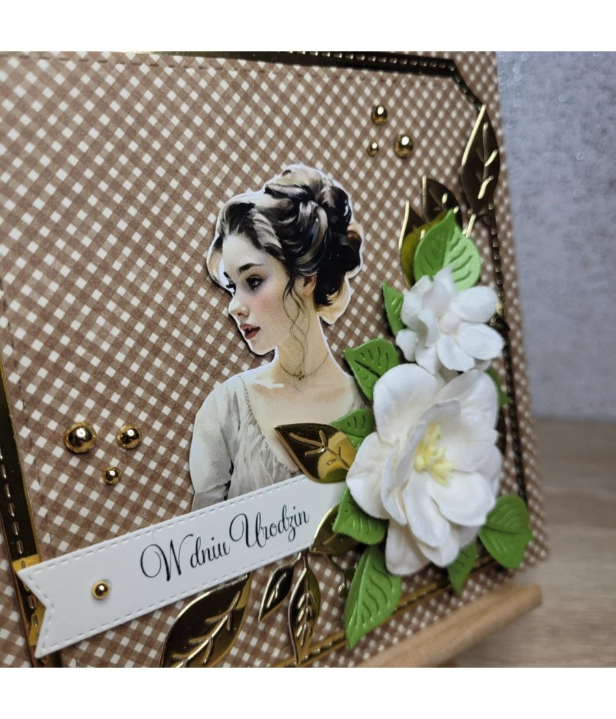 Brązowo-złota kartka na urodziny, kobieta, handmade
