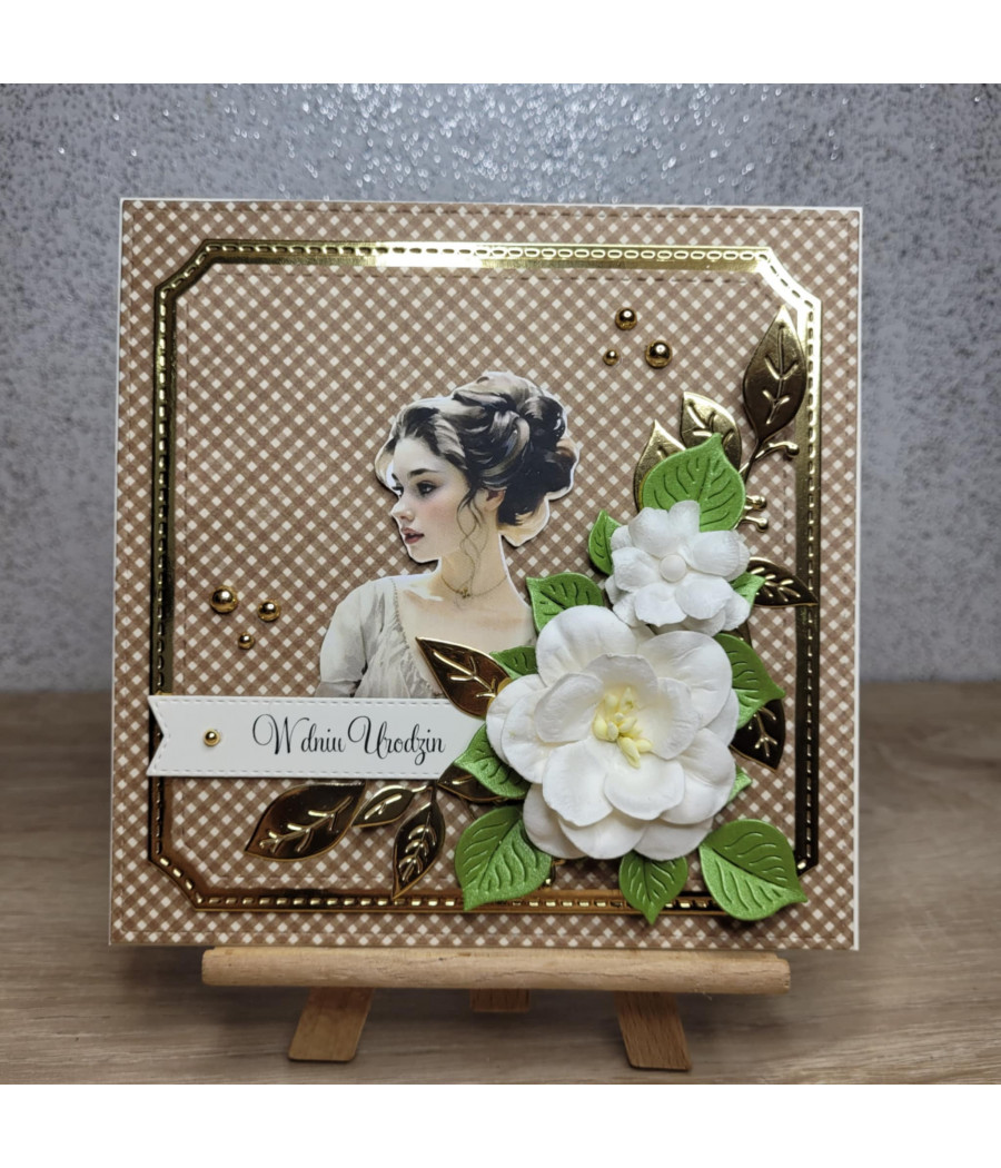 Brązowo-złota kartka na urodziny, kobieta, handmade