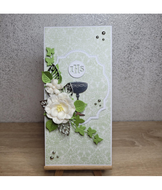 Miętowa kartka na Komunię, kielich, Hostia, handmade