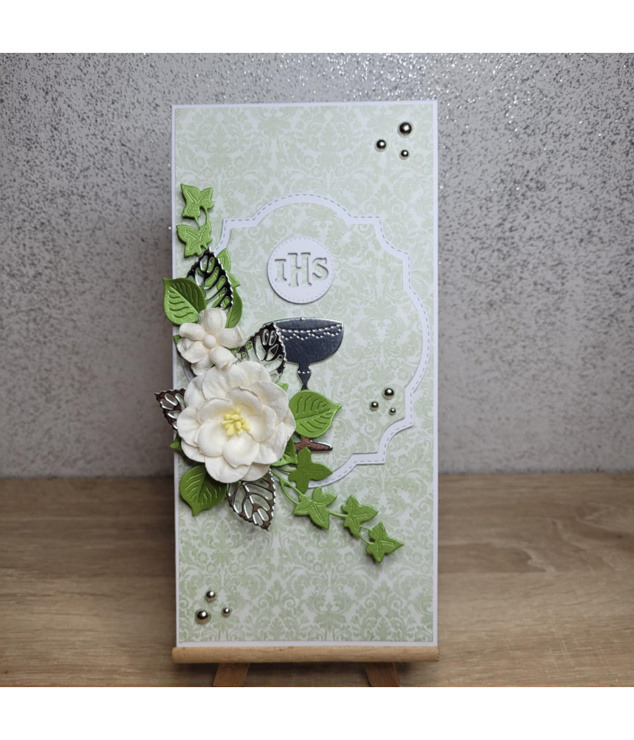 Miętowa kartka na Komunię, kielich, Hostia, handmade