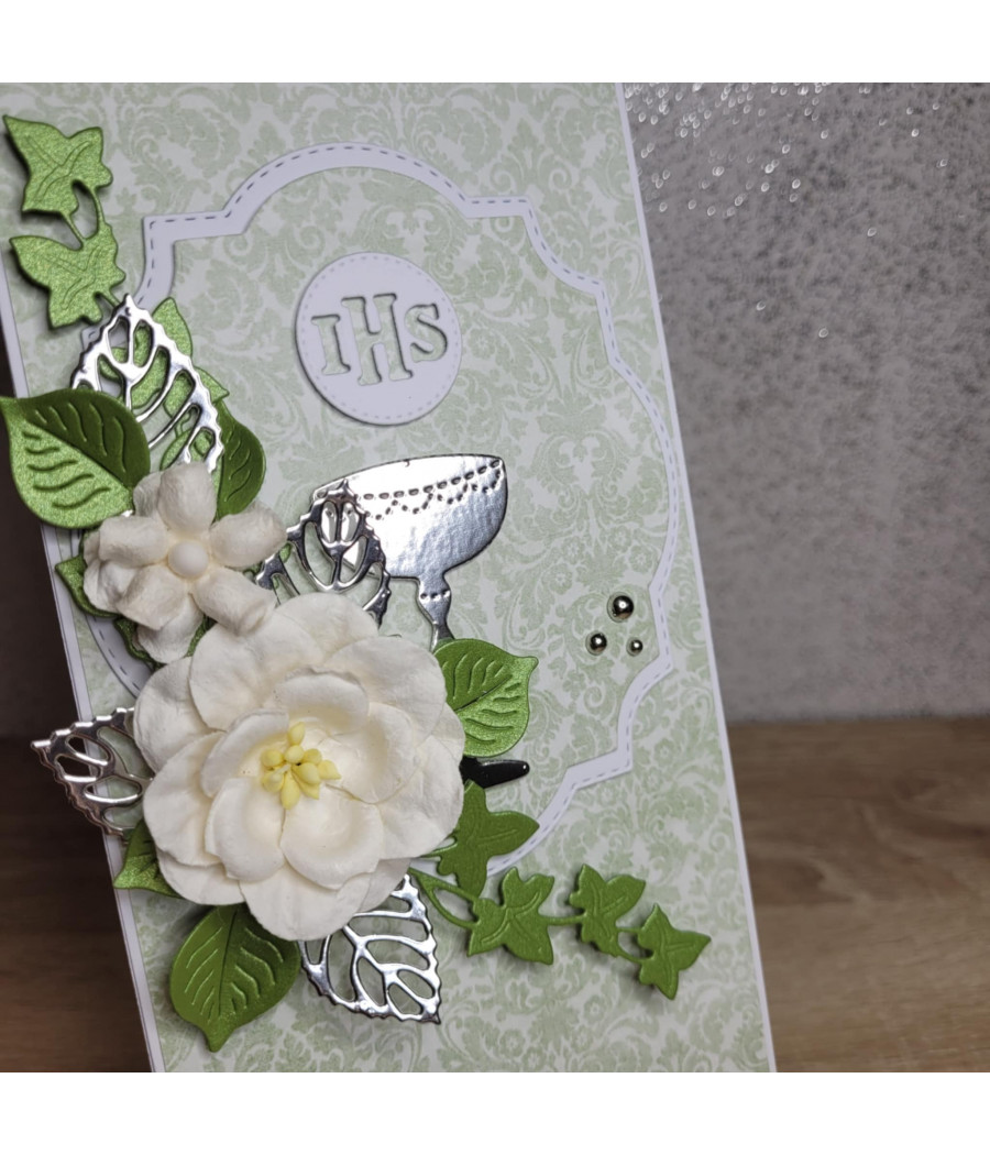 Miętowa kartka na Komunię, kielich, Hostia, handmade