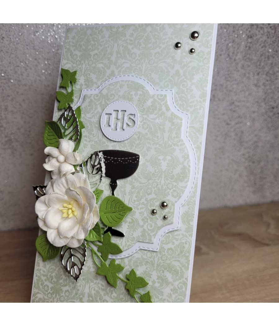 Miętowa kartka na Komunię, kielich, Hostia, handmade