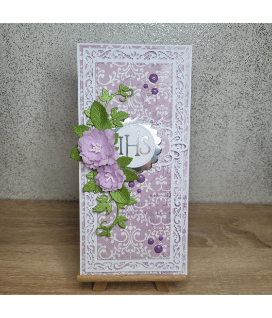 Fioletowa, elegancka kartka na Komunię, IHS, handmade