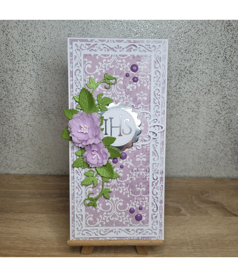 Fioletowa, elegancka kartka na Komunię, IHS, handmade