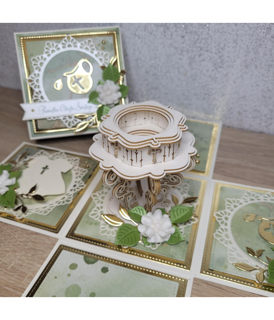 Zielono-złoty exploding box, Chrzest, Pamiątka Chrztu, pudełko 3D