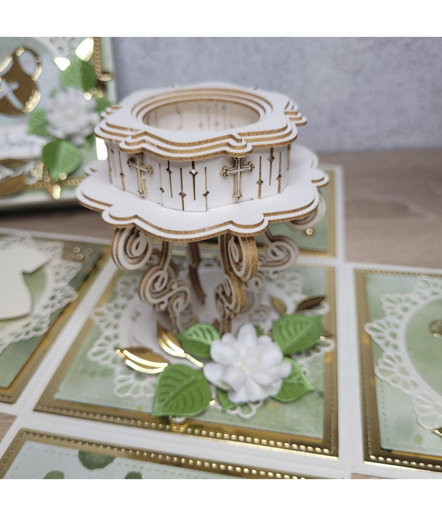 Zielono-złoty exploding box, Chrzest, Pamiątka Chrztu, pudełko 3D