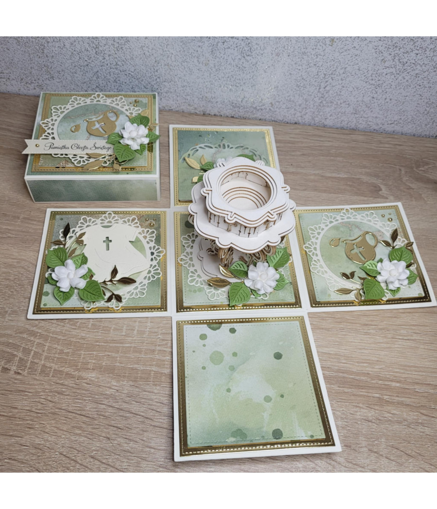 Zielono-złoty exploding box, Chrzest, Pamiątka Chrztu, pudełko 3D