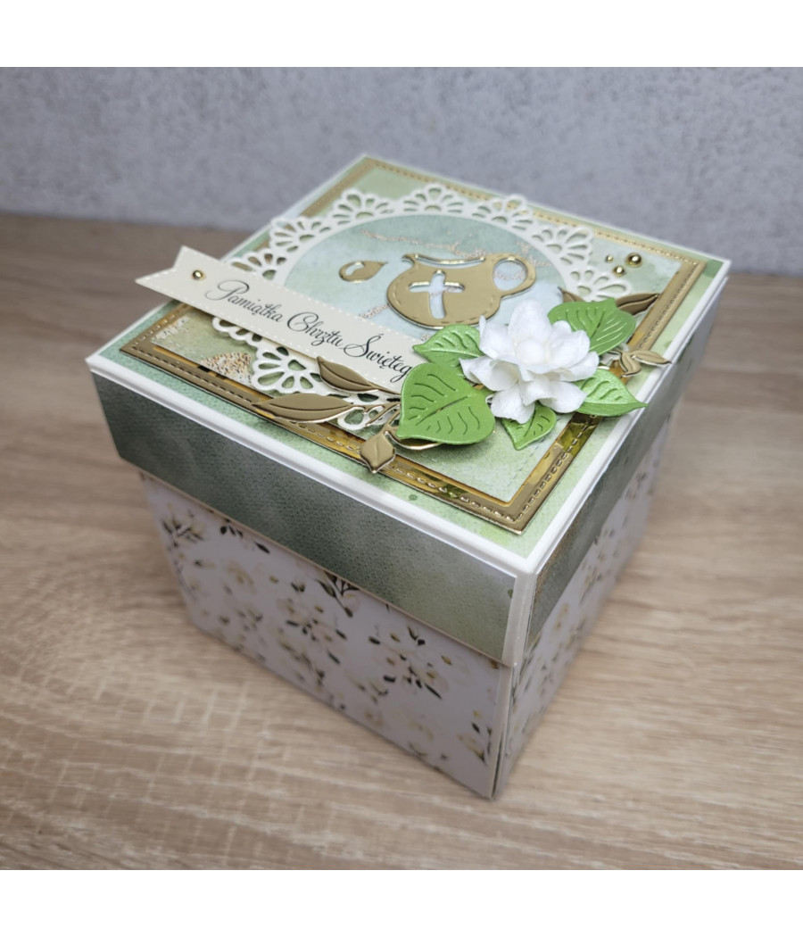 Zielono-złoty exploding box, Chrzest, Pamiątka Chrztu, pudełko 3D