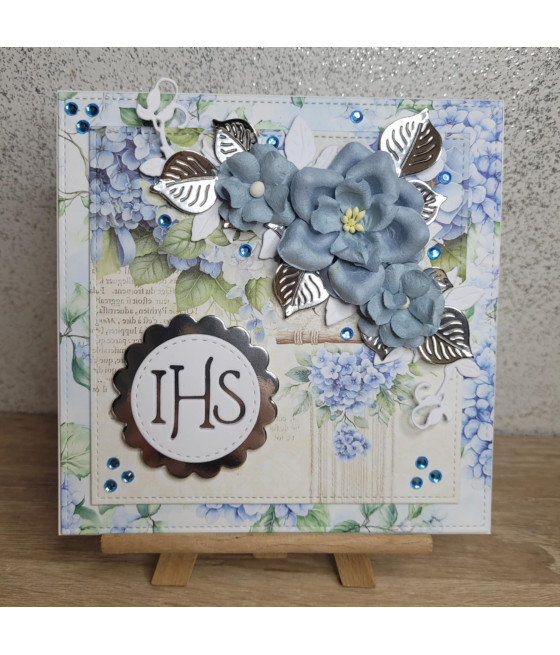 Niebiesko-srebrna kartka na Komunię, IHS, handmade