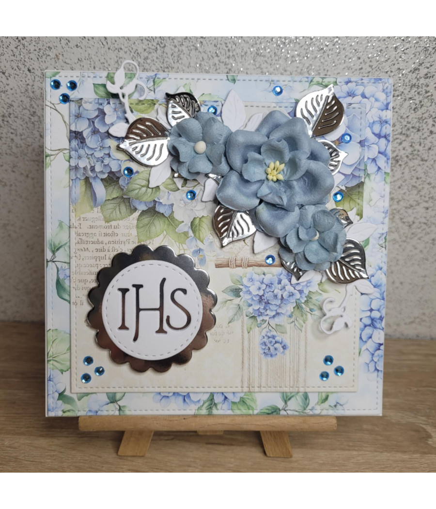 Niebiesko-srebrna kartka na Komunię, IHS, handmade