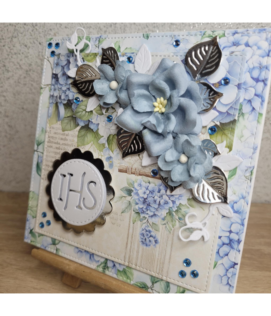 Niebiesko-srebrna kartka na Komunię, IHS, handmade