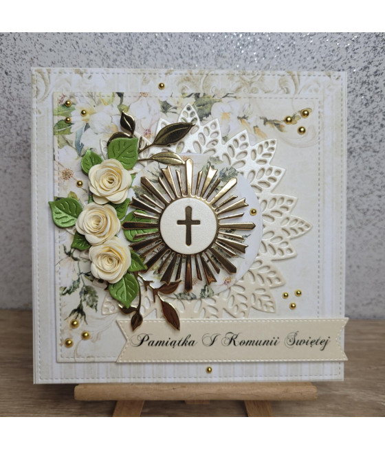 Kremowa kartka na Komunię, IHS, handmade