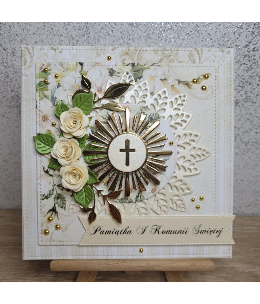 Kremowa kartka na Komunię, IHS, handmade