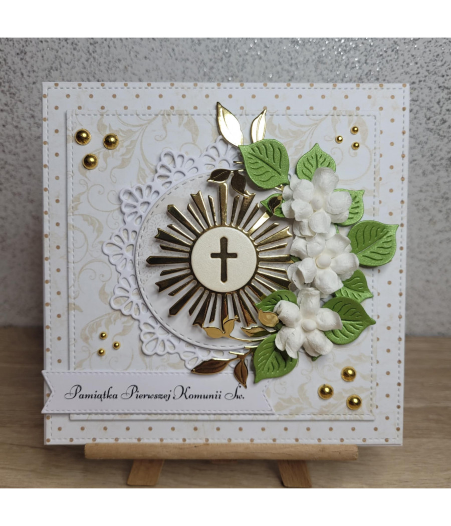 Kremowo-beżowa kartka na Komunię, IHS, handmade