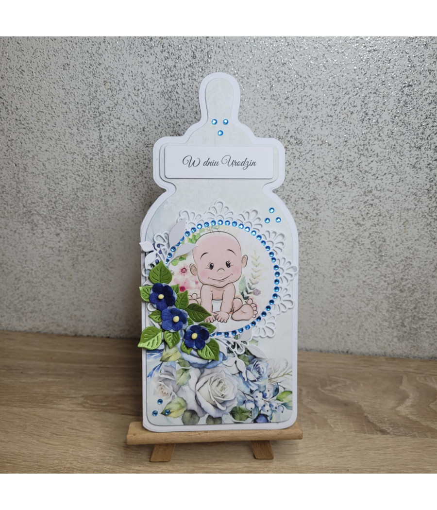 Niebieska kartka w kształcie butelki, Urodziny, Roczek, handmade