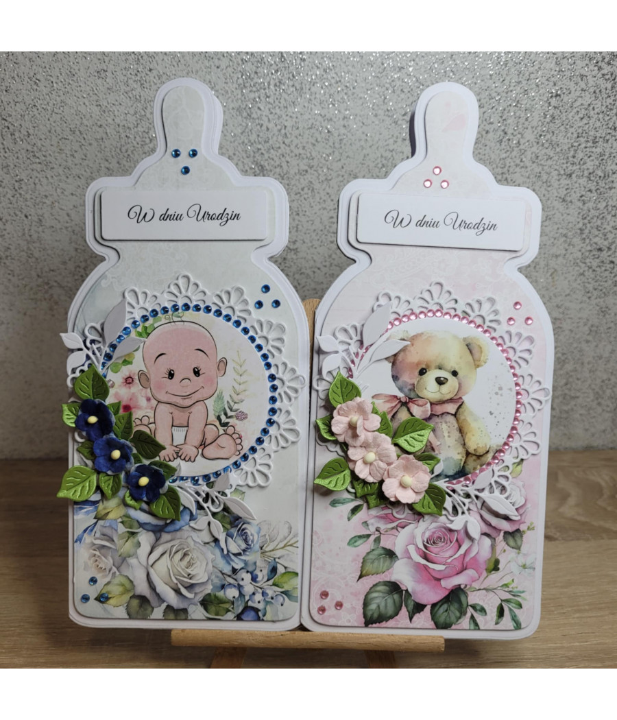 Niebieska kartka w kształcie butelki, Urodziny, Roczek, handmade