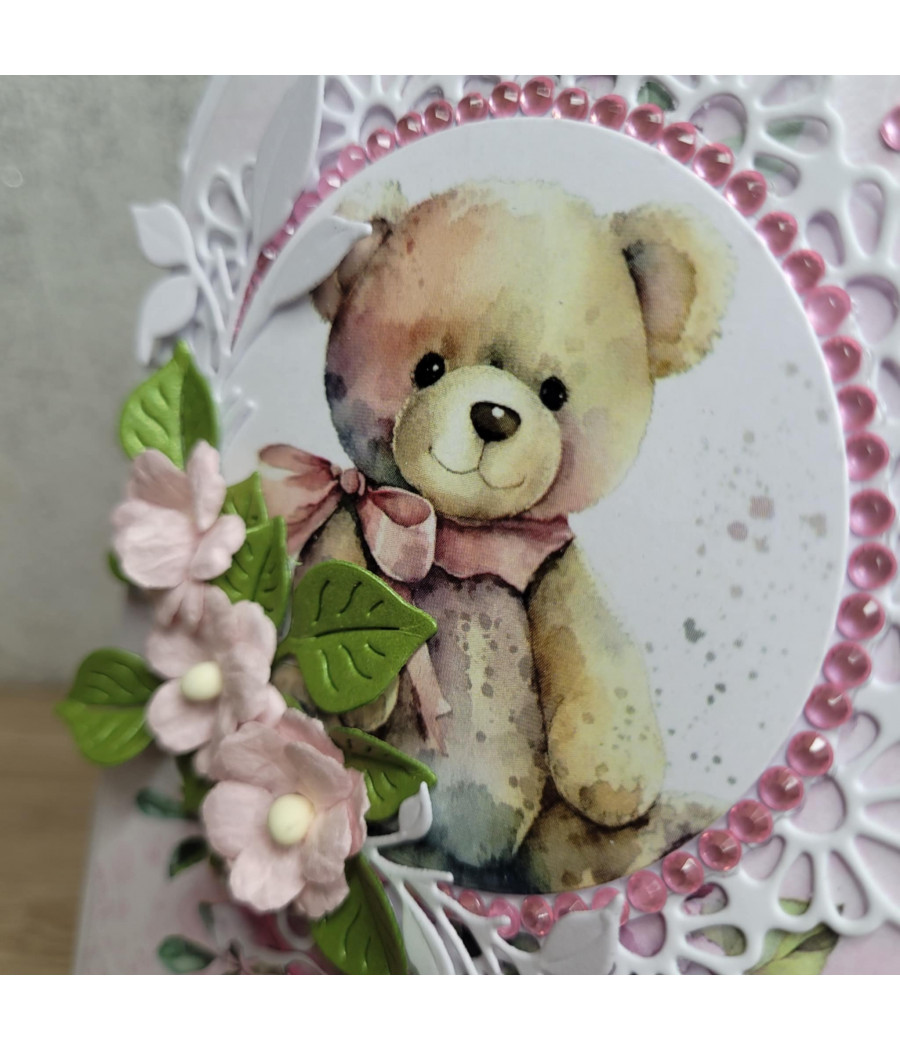 Rózowa kartka w kształcie buteli, Urodziny, Roczek, handmade