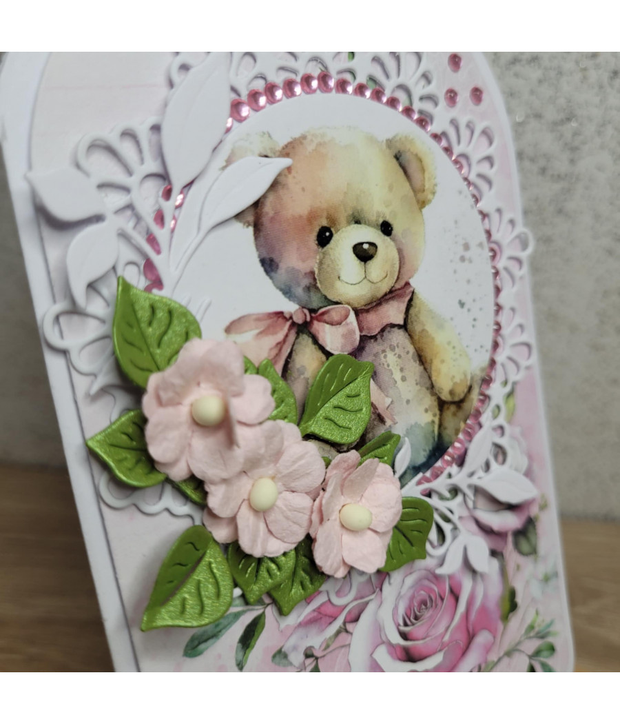 Rózowa kartka w kształcie buteli, Urodziny, Roczek, handmade