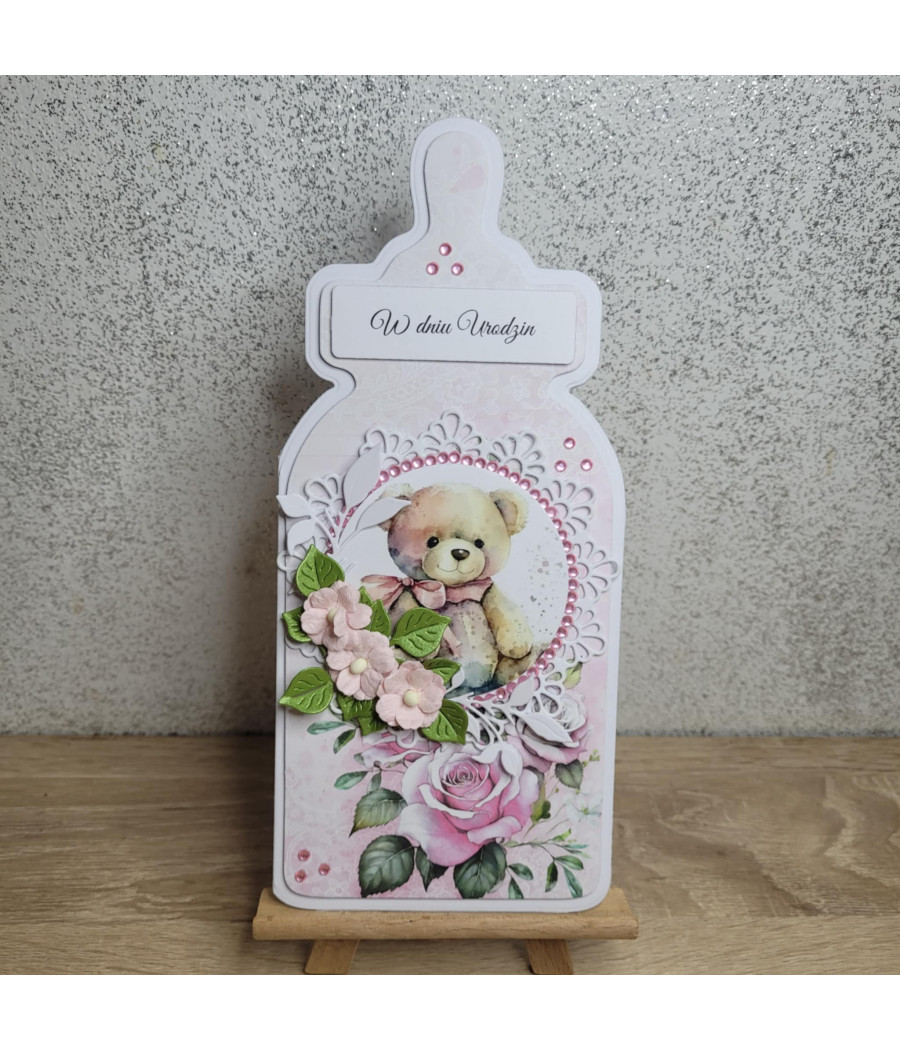 Rózowa kartka w kształcie buteli, Urodziny, Roczek, handmade