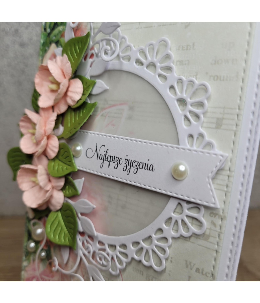 Beżowa kartka na każdą okazję, kwiaty, perełki, handmade